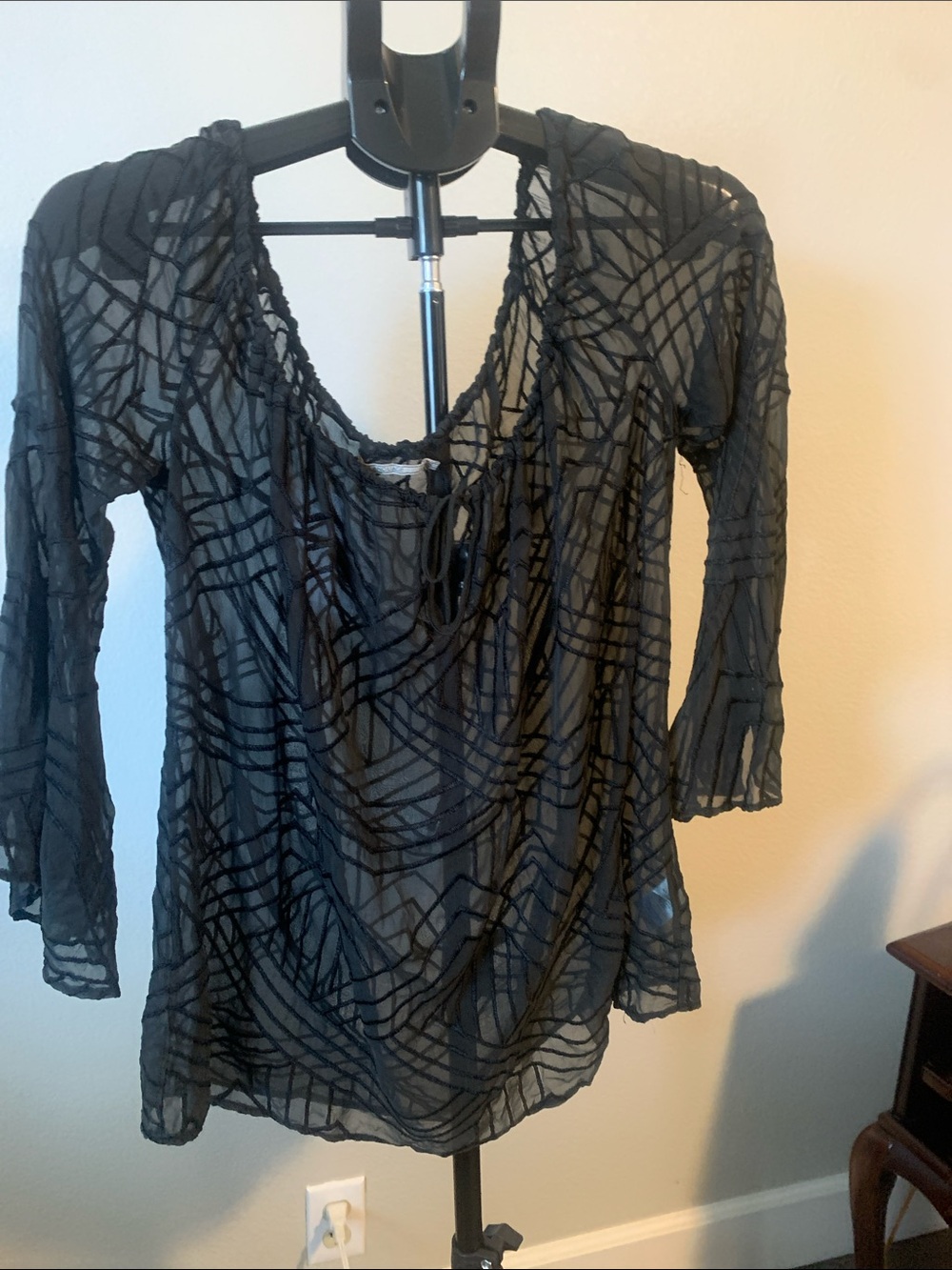 Language Black Sheer Geometric-Pattern Blouse